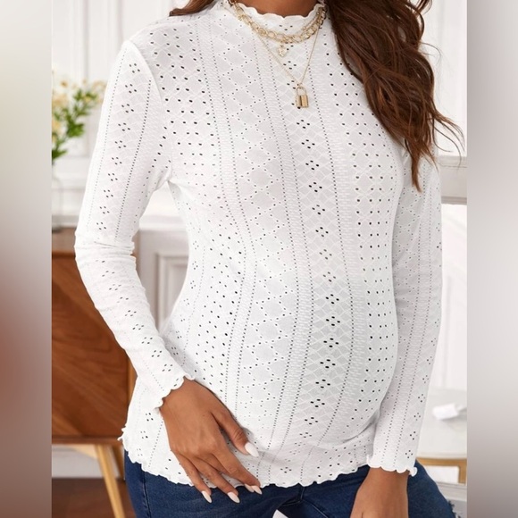 Maternity Medium Mock Neck Lettuce Trim Pointelle Knit Shirt Long Sleeve Shirts - Picture 4 of 9